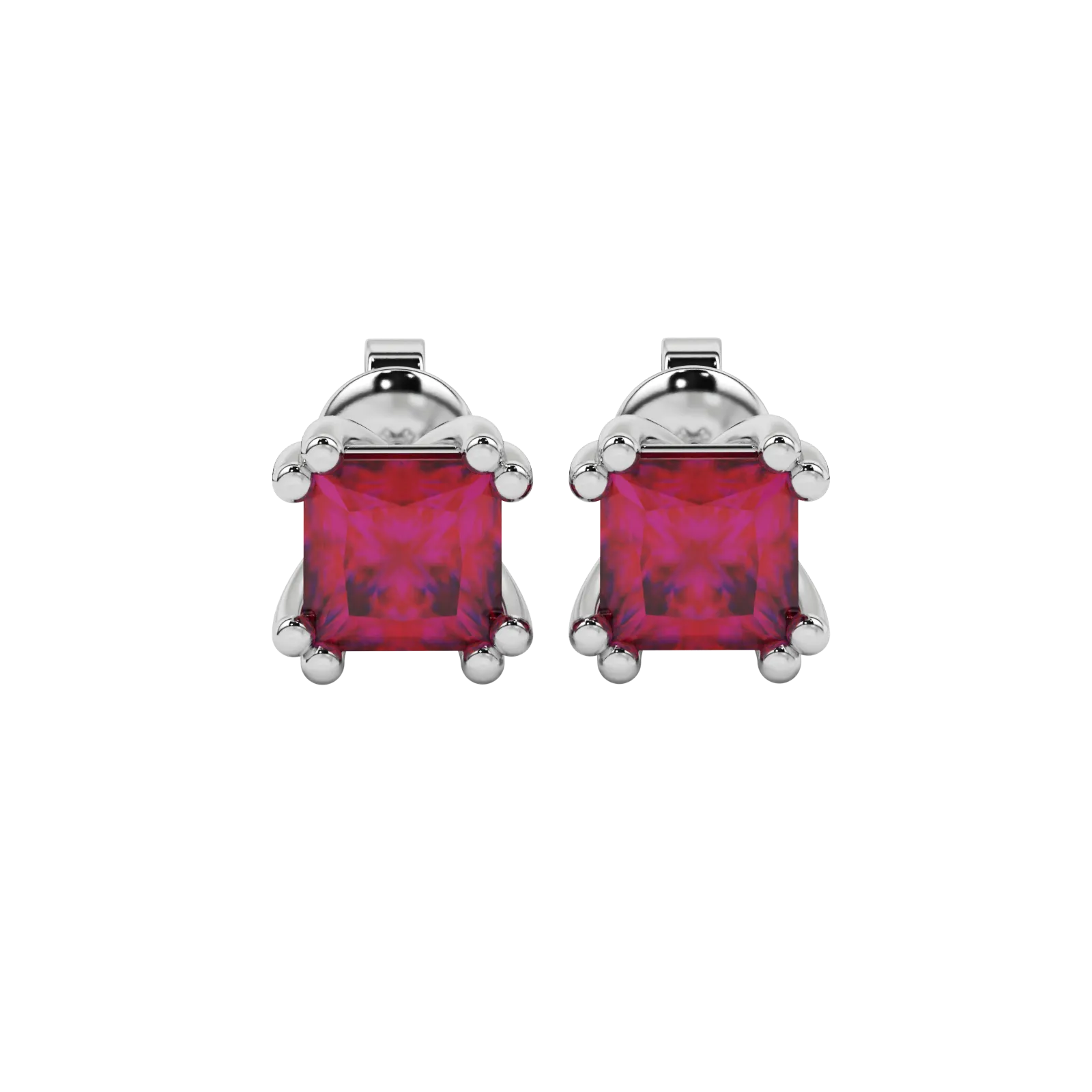 Princess raspberry red gemstone earrings, white gold vintage basket setting.