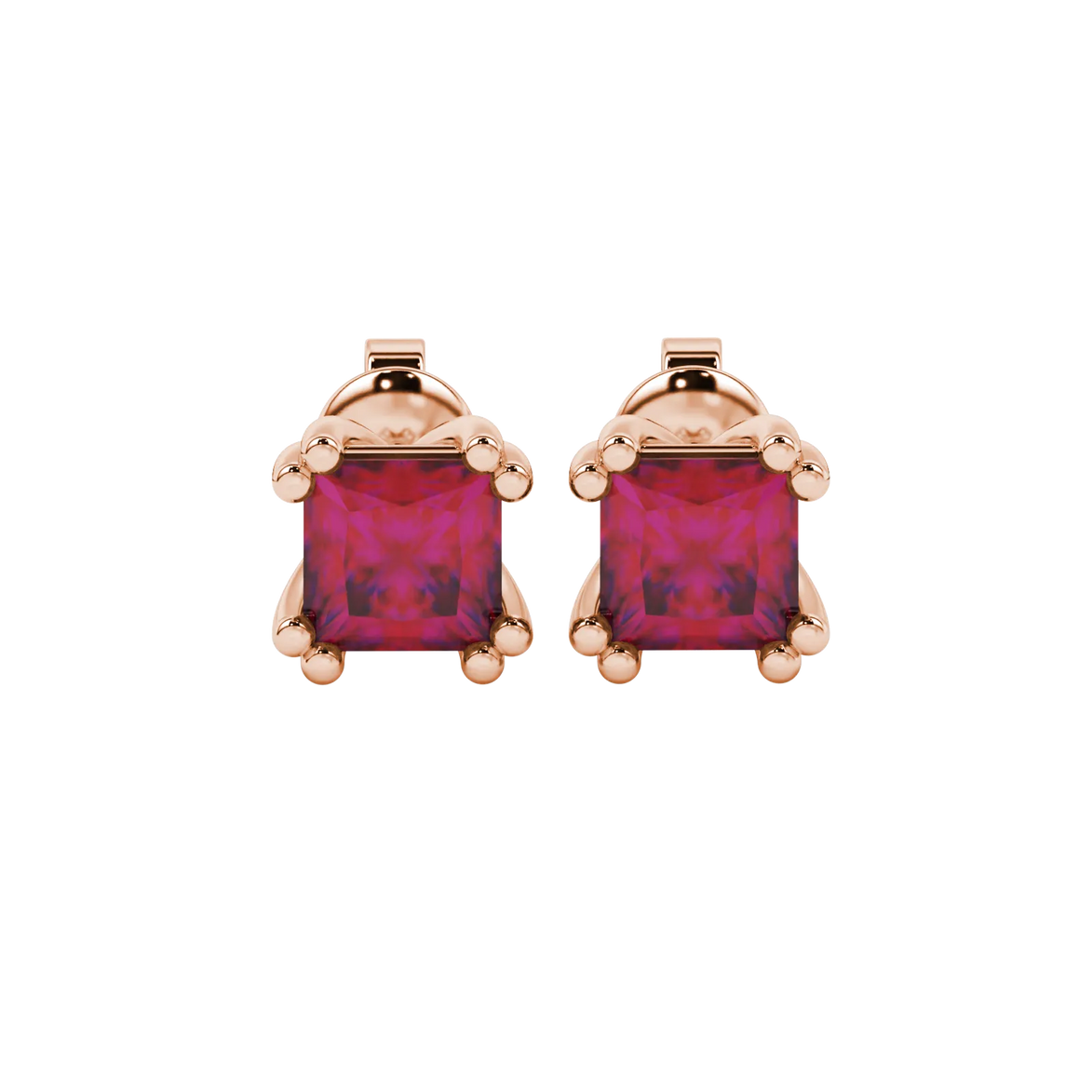 Princess raspberry red gemstone earrings, rose gold vintage basket setting.