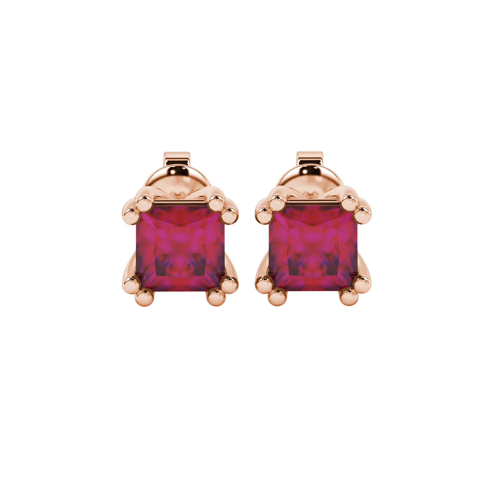 Princess raspberry red gemstone earrings, rose gold vintage basket setting.