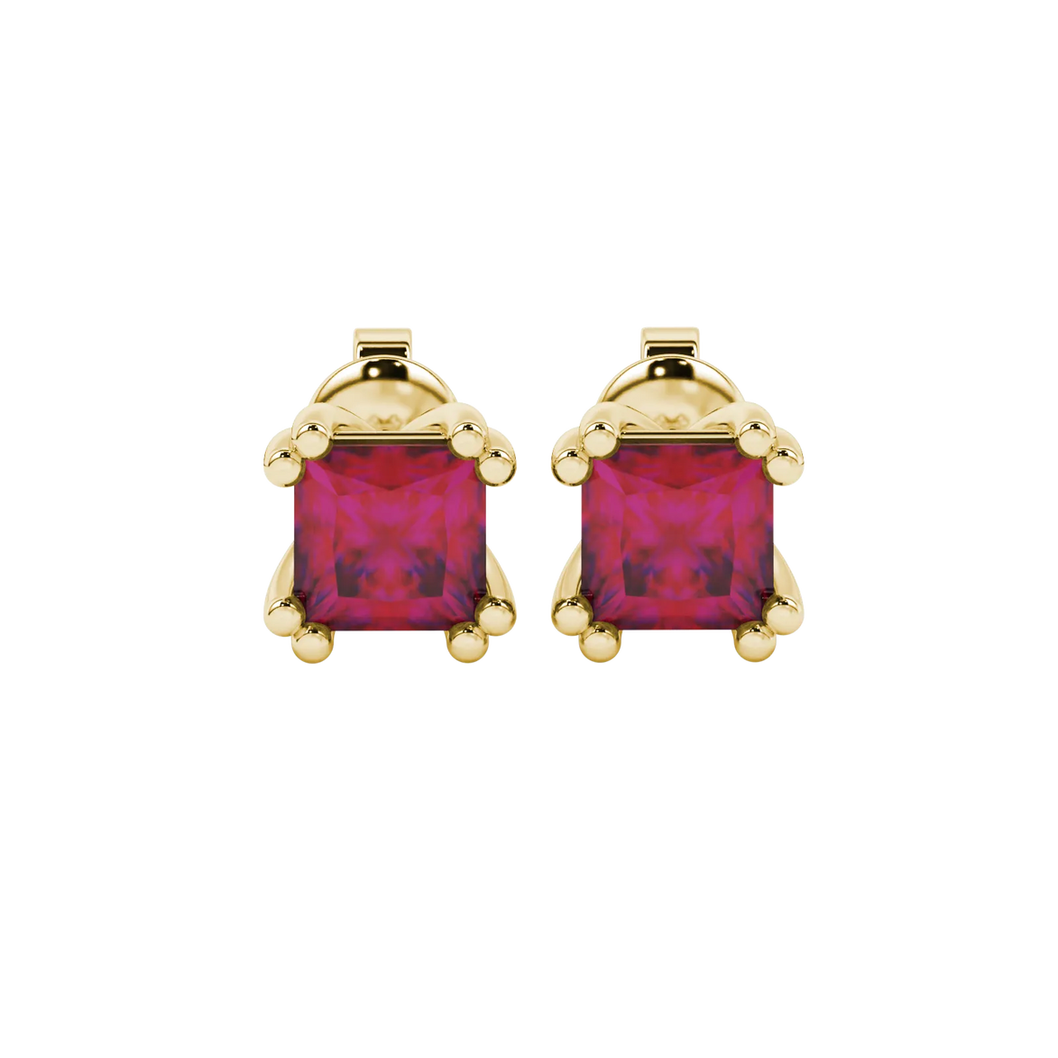 Princess raspberry red gemstone earrings, yellow gold vintage basket setting.