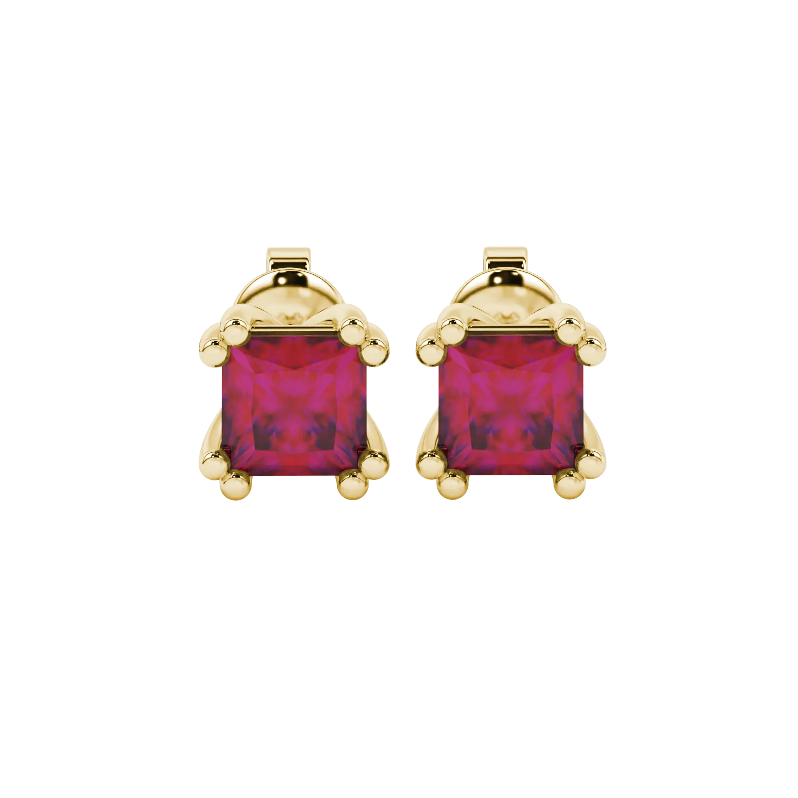 Princess raspberry red gemstone earrings, yellow gold vintage basket setting.