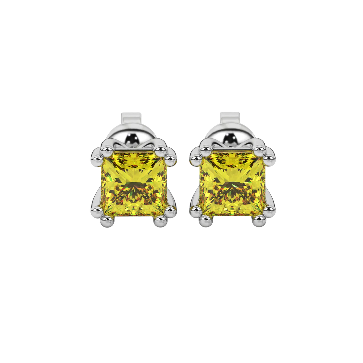 Princess canary yellow gemstone earrings, white gold vintage basket setting.