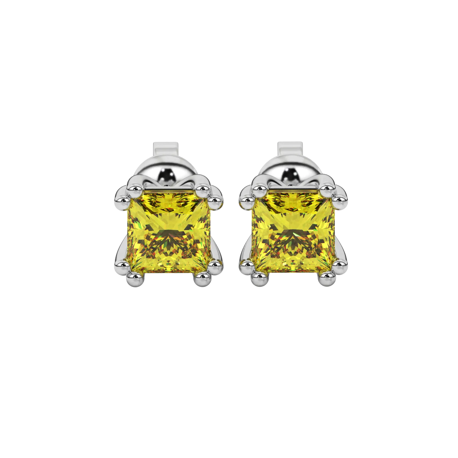 Princess canary yellow gemstone earrings, white gold vintage basket setting.