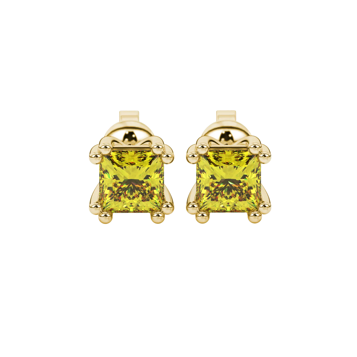 Princess canary yellow gemstone earrings, yellow gold vintage basket setting.