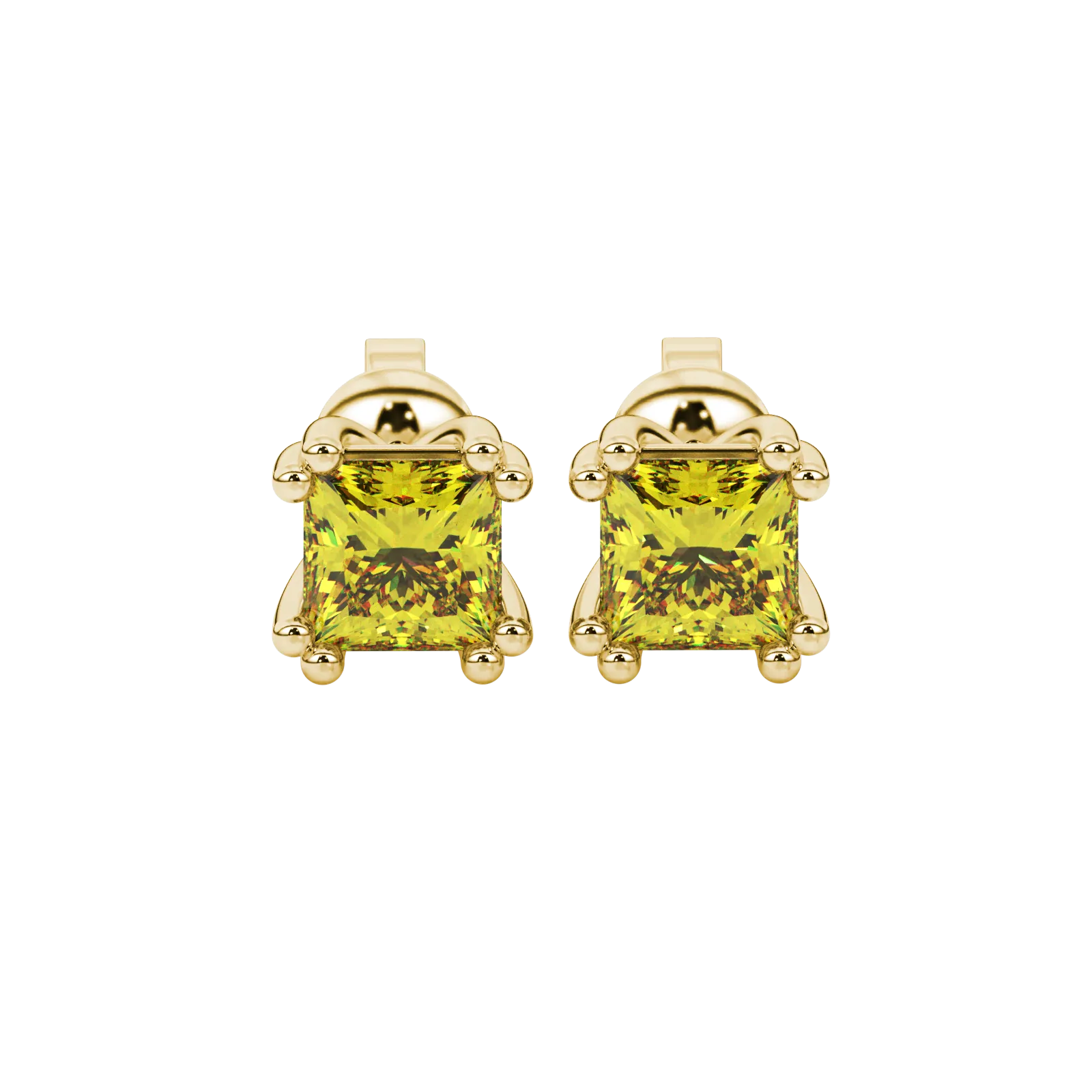 Princess canary yellow gemstone earrings, yellow gold vintage basket setting.