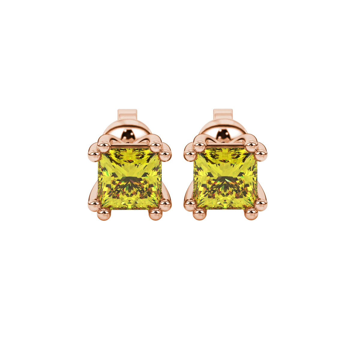 Princess canary yellow gemstone earrings, rose gold vintage basket setting.