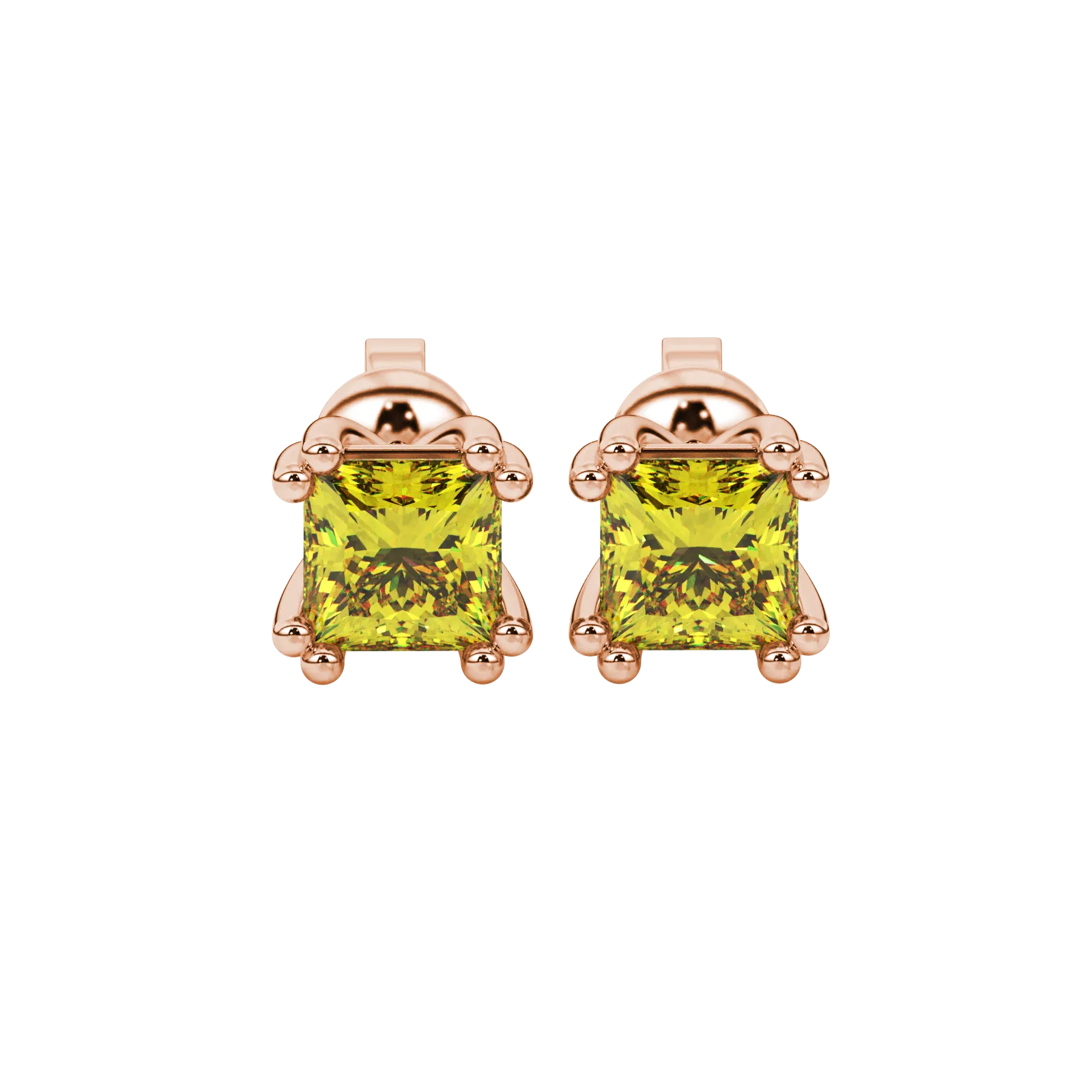 Princess canary yellow gemstone earrings, rose gold vintage basket setting.