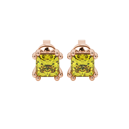 Princess canary yellow gemstone earrings, rose gold vintage basket setting.