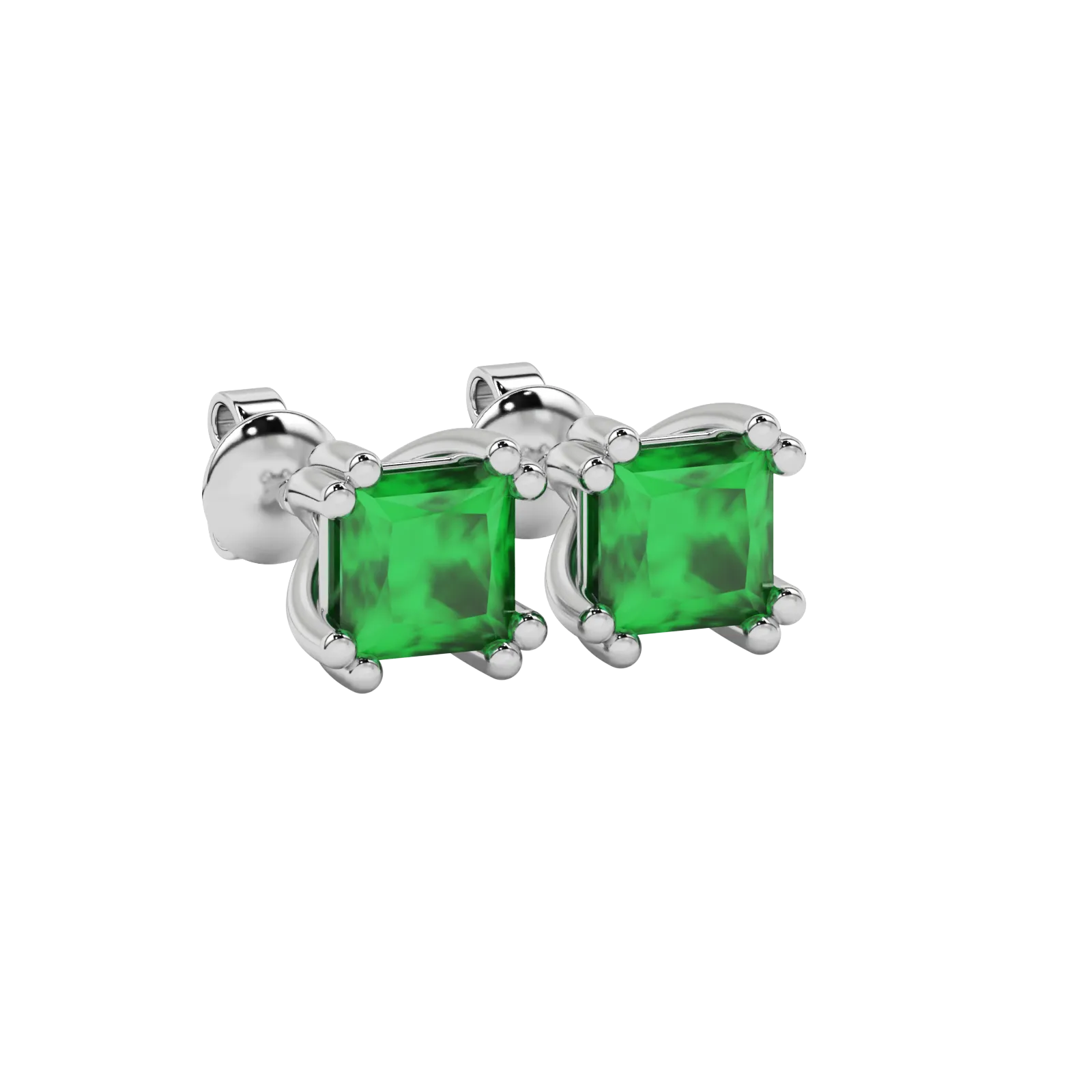 Close-up emerald green gemstone, white gold vintage setting.