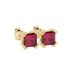 Close-up, princess raspberry red gemstone, yellow gold vintage earrings.