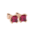 Close-up, princess raspberry red gemstone earrings, rose gold vintage setting.