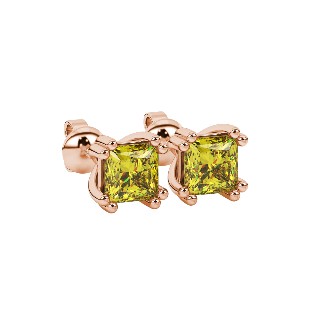 Close-up, princess canary yellow gemstone earrings, rose gold vintage setting