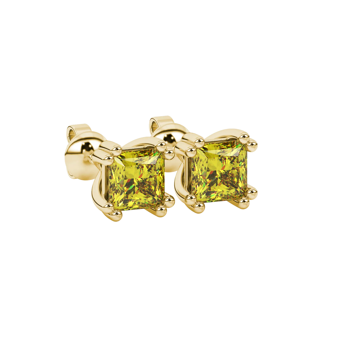 Close-up, princess canary yellow gemstone, yellow gold vintage earrings.