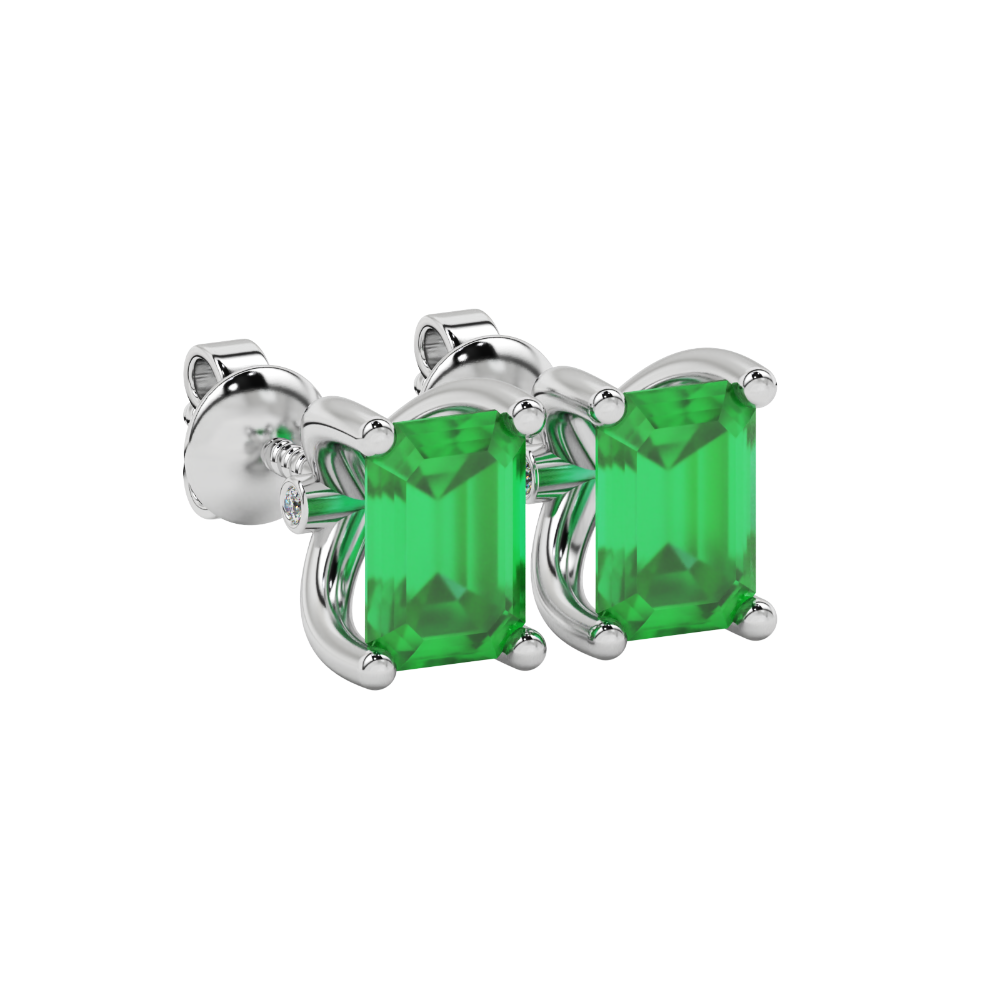 Emerald Cut Green Gemstone Solitaire Stud Earrings in Rose Gold Four Prong Setting
