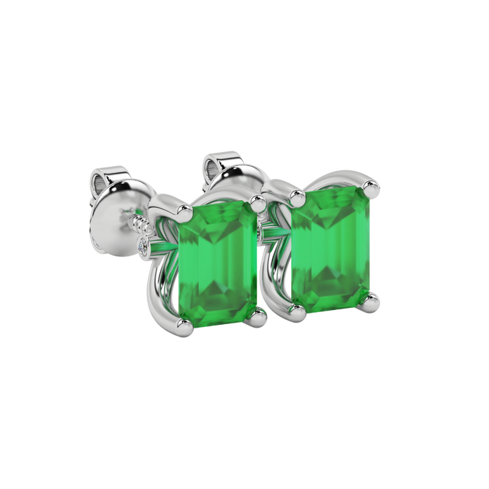 Emerald Cut Green Gemstone Solitaire Stud Earrings in Rose Gold Four Prong Setting