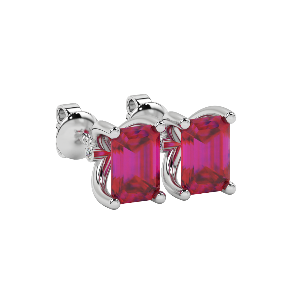 Emerald Cut Red Gemstone Solitaire Stud Earrings in Rose Gold Four Prong Setting
