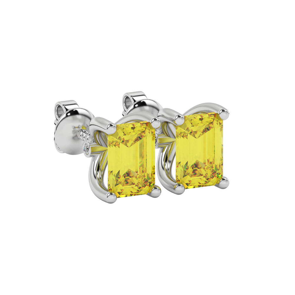 Emerald Cut Yellow Gemstone Solitaire Stud Earrings in Rose Gold Four Prong Setting