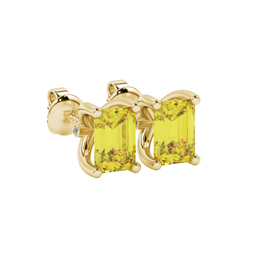 Emerald Cut Yellow Gemstone Solitaire Stud Earrings in Rose Gold Four Prong Setting