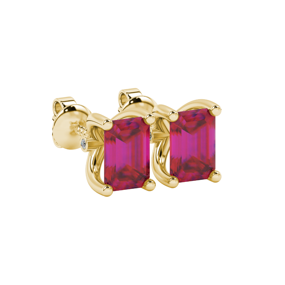 Emerald Cut Red Gemstone Solitaire Stud Earrings in Rose Gold Four Prong Setting