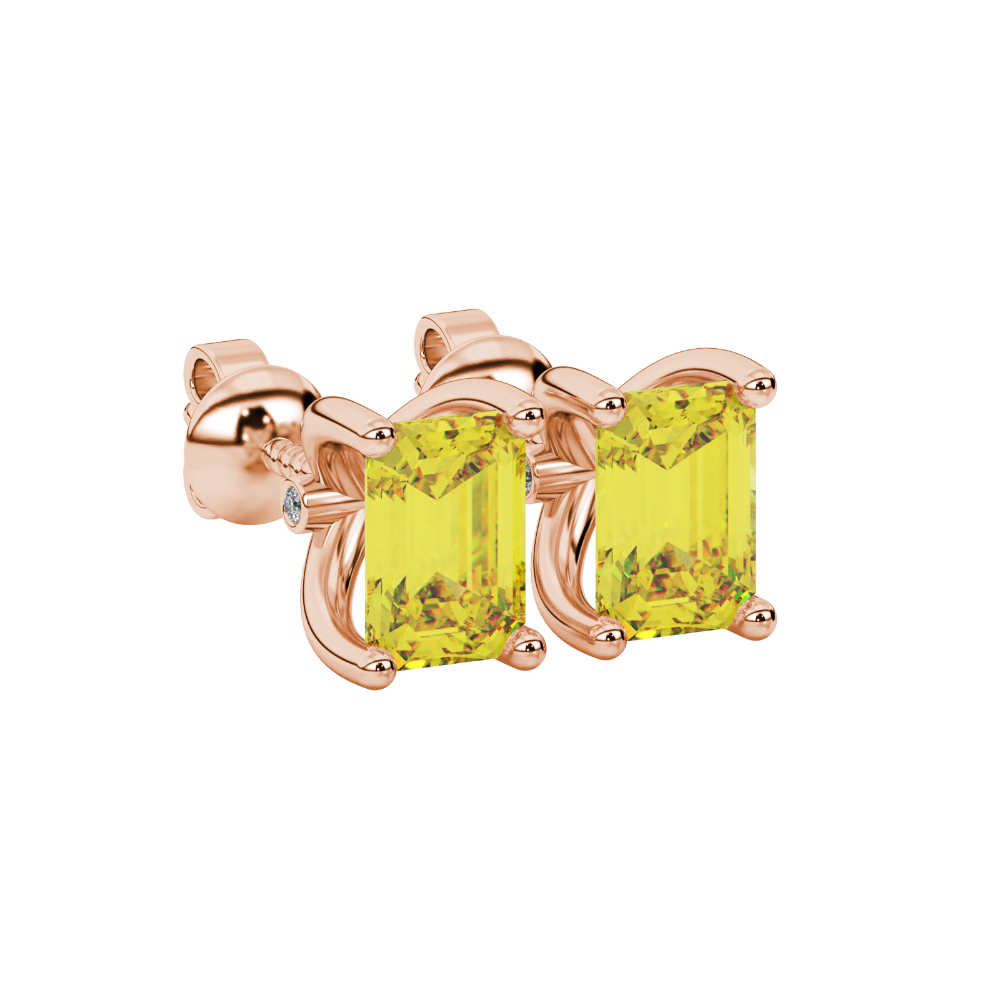Emerald Cut Yellow Gemstone Solitaire Stud Earrings in Rose Gold Four Prong Setting