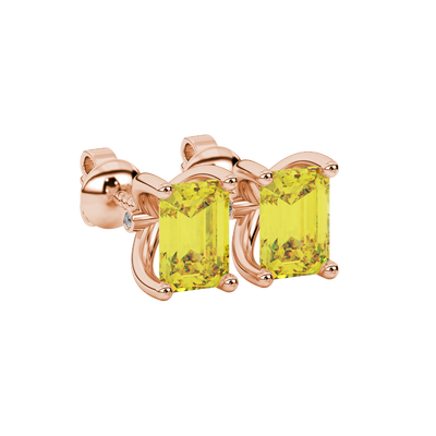 Emerald Cut Yellow Gemstone Solitaire Stud Earrings in Rose Gold Four Prong Setting