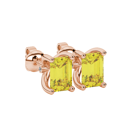 Emerald Cut Yellow Gemstone Solitaire Stud Earrings in Rose Gold Four Prong Setting