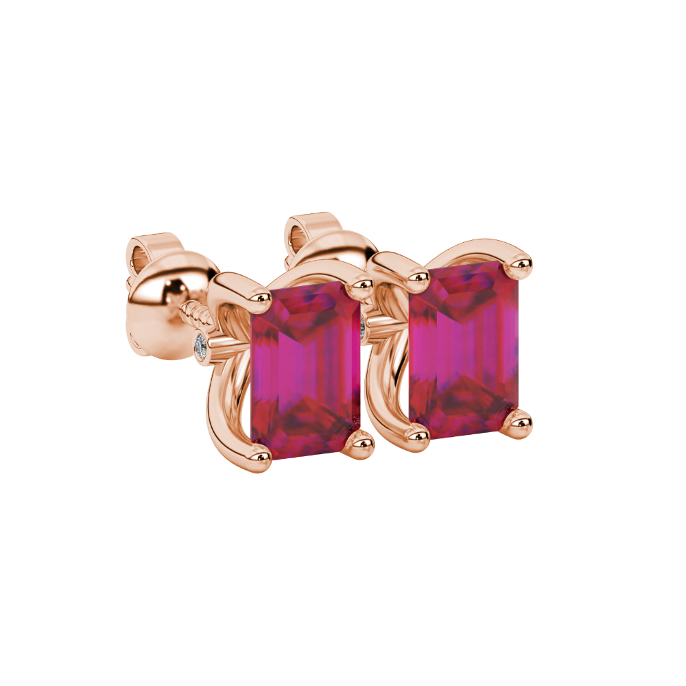 Emerald Cut Red Gemstone Solitaire Stud Earrings in Rose Gold Four Prong Setting