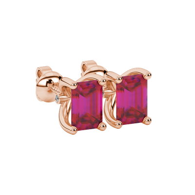 Emerald Cut Red Gemstone Solitaire Stud Earrings in Rose Gold Four Prong Setting