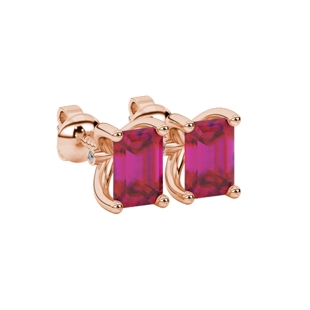 Emerald Cut Red Gemstone Solitaire Stud Earrings in Rose Gold Four Prong Setting
