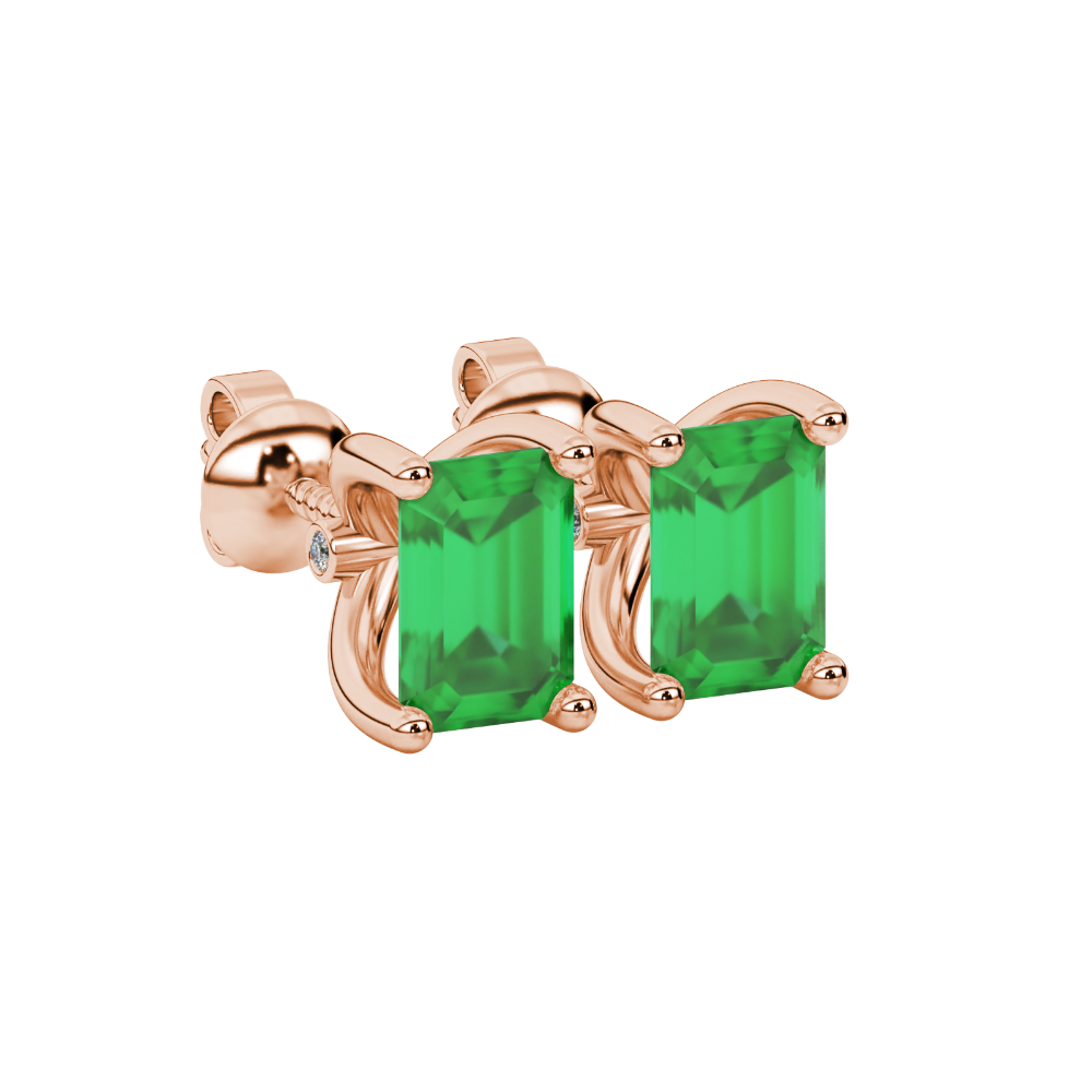 Emerald Cut Green Gemstone Solitaire Stud Earrings in Rose Gold Four Prong Setting