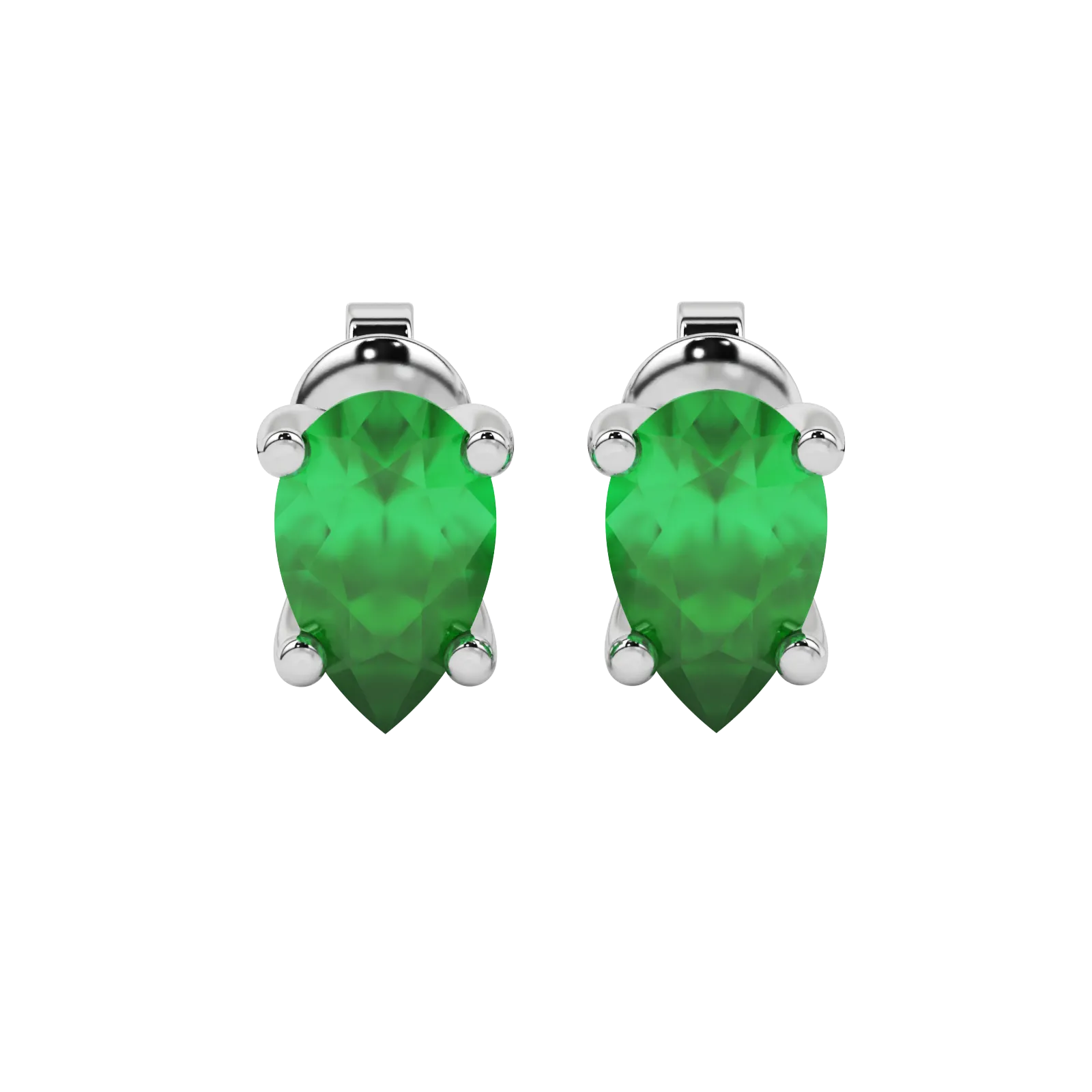 Pear shape emerald green gemstone earrings, white gold four-prong setting.