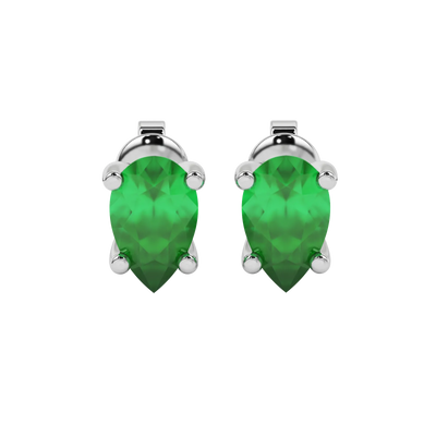 Pear shape emerald green gemstone earrings, white gold four-prong setting.