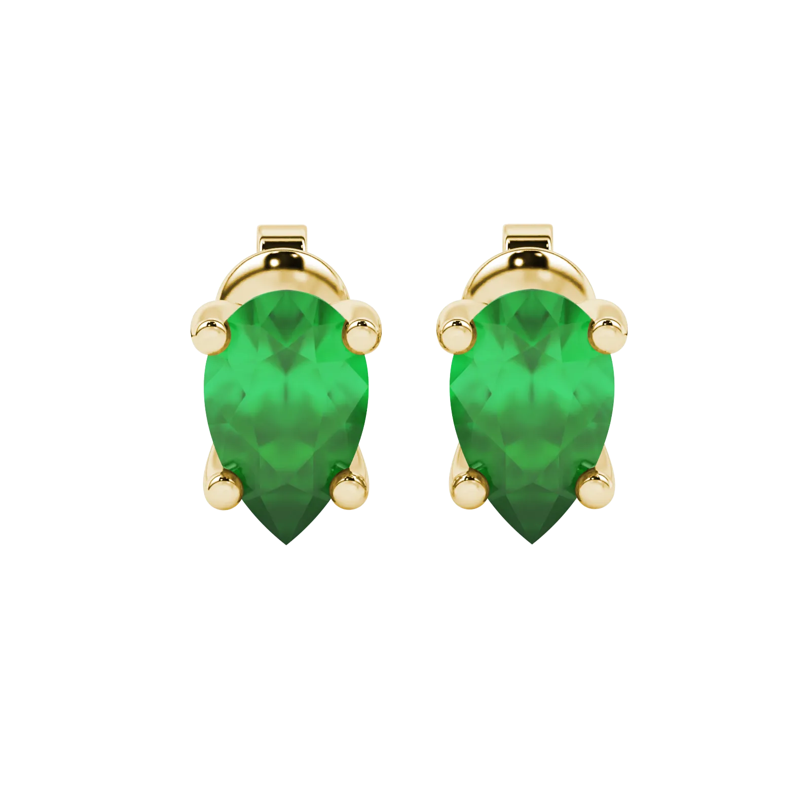 Pear shape emerald green gemstone earrings, yellow gold four-prong setting.