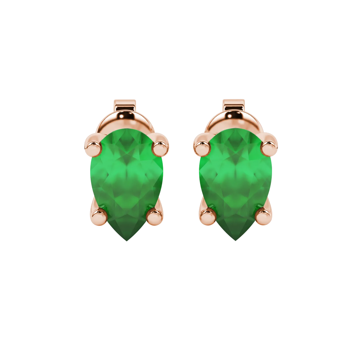 Pear shape emerald green gemstone earrings, rose gold four-prong setting.