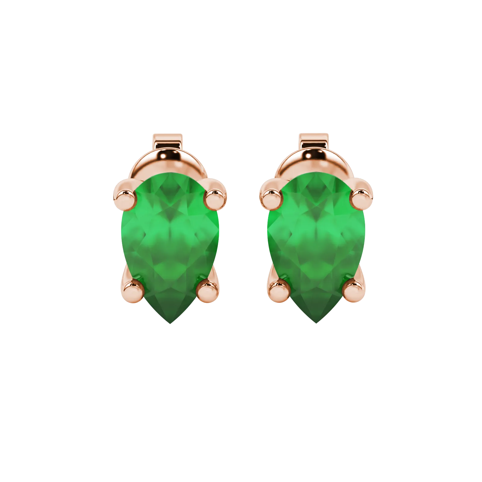 Pear shape emerald green gemstone earrings, rose gold four-prong setting.