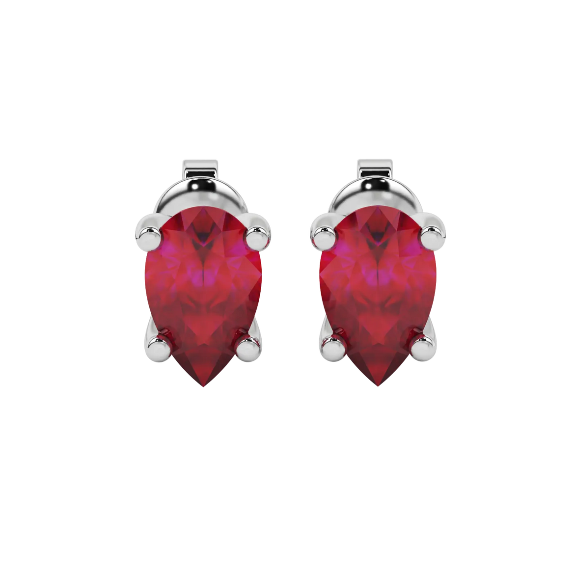 Pear shape raspberry red gemstone earrings, white gold four-prong setting.