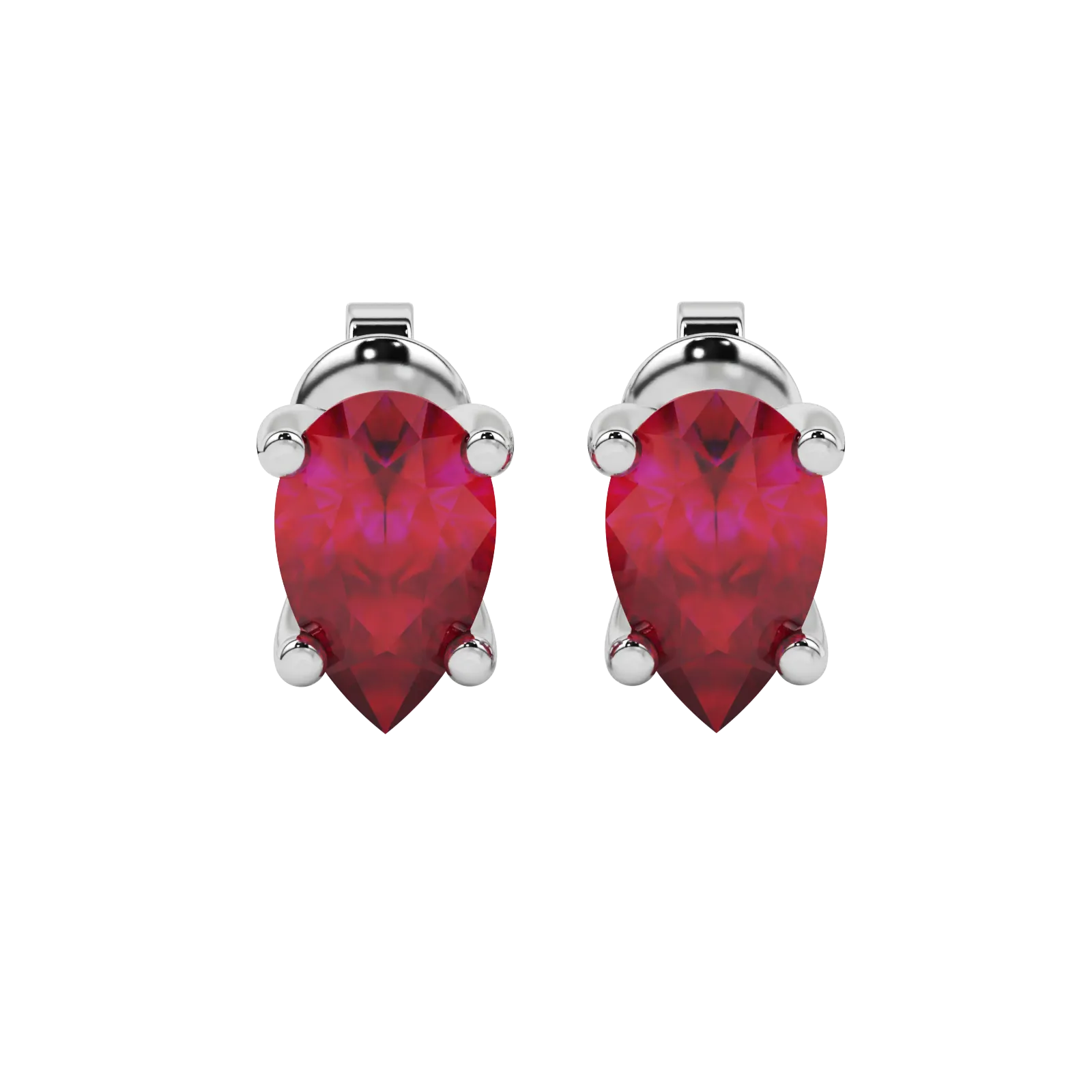 Pear shape raspberry red gemstone earrings, white gold four-prong setting.