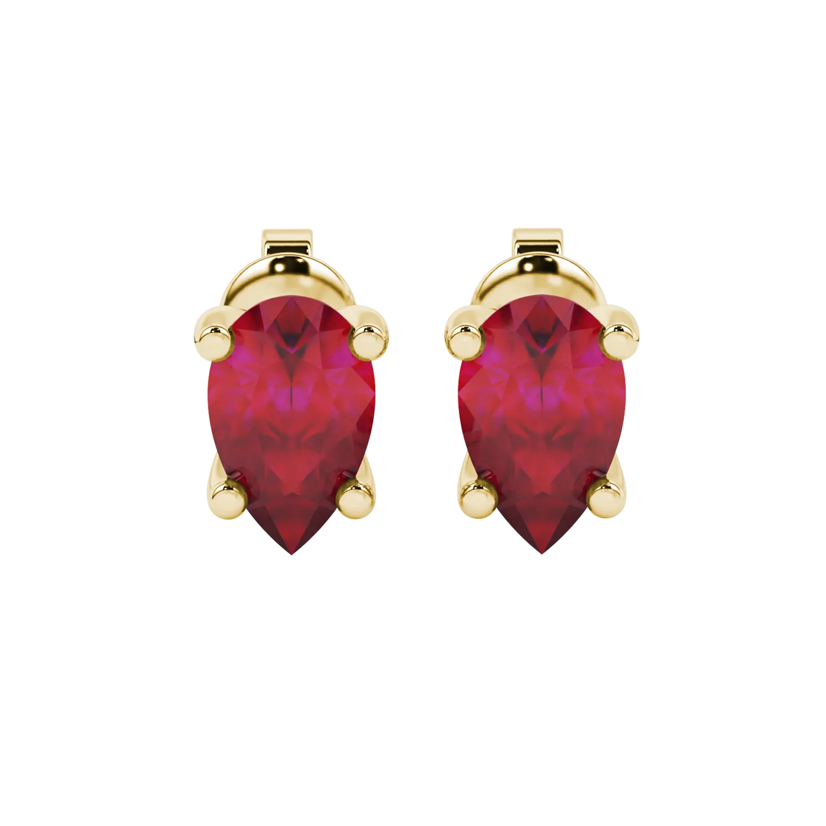Pear shape raspberry red gemstone earrings, yellow gold four-prong setting.