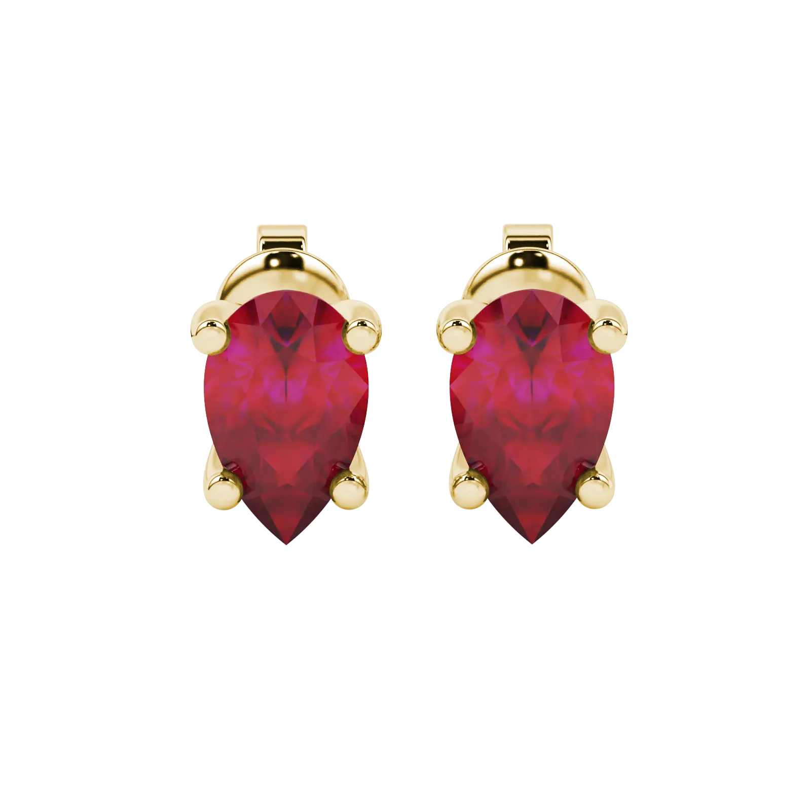Pear shape raspberry red gemstone earrings, yellow gold four-prong setting.