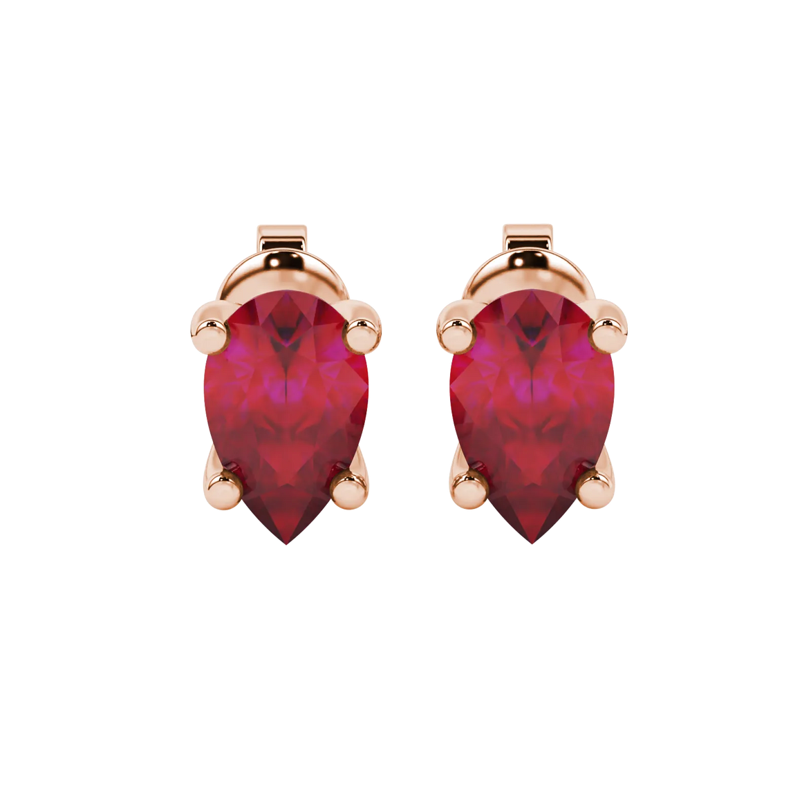 Pear shape raspberry red gemstone earrings, rose gold four-prong setting.