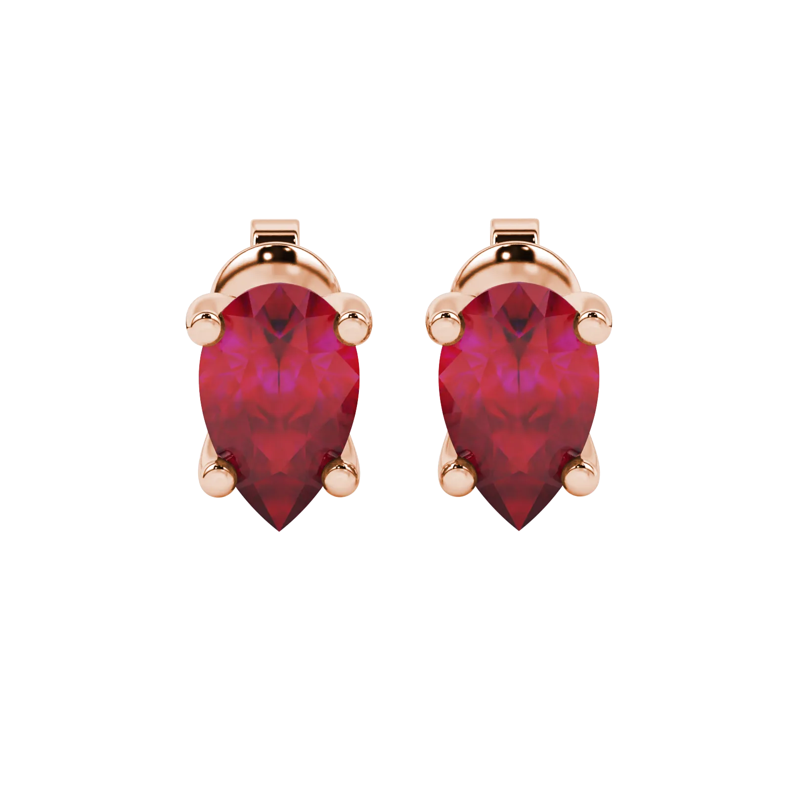 Pear shape raspberry red gemstone earrings, rose gold four-prong setting.