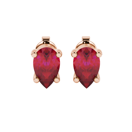 Pear shape raspberry red gemstone earrings, rose gold four-prong setting.