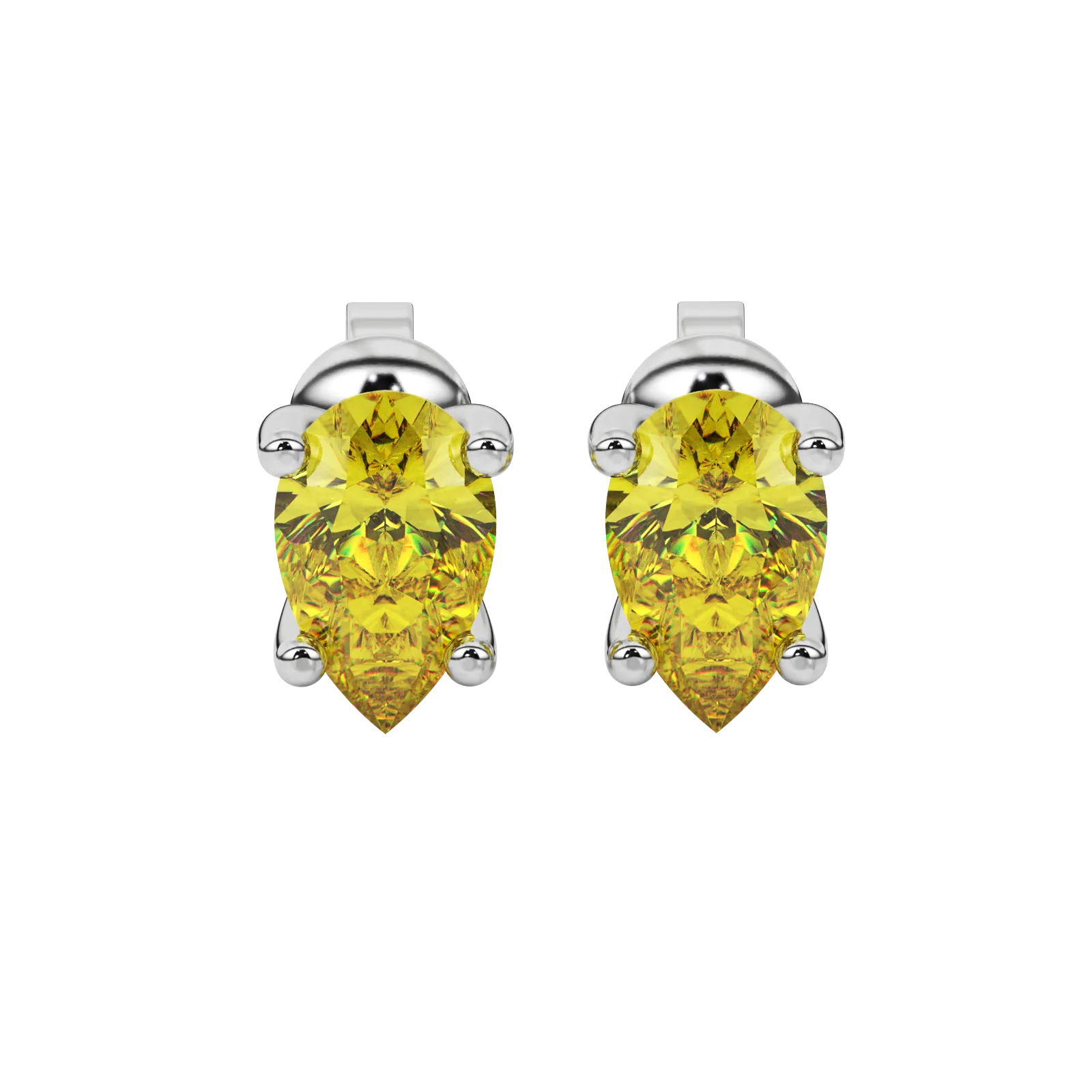 Pear shape canary yellow gemstone earrings, white gold four-prong setting.