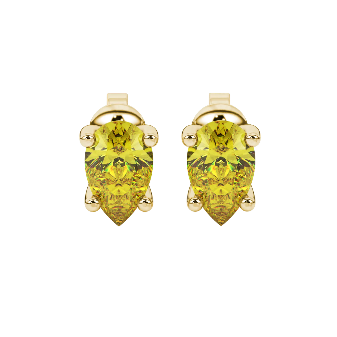 Pear shape canary yellow gemstone earrings, yellow gold four-prong setting.