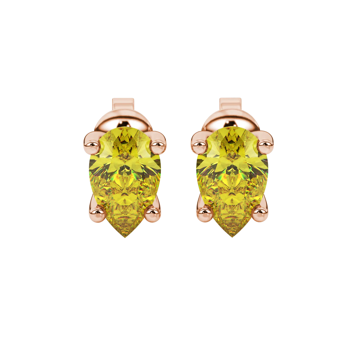 Pear shape canary yellow gemstone earrings, rose gold four-prong setting.