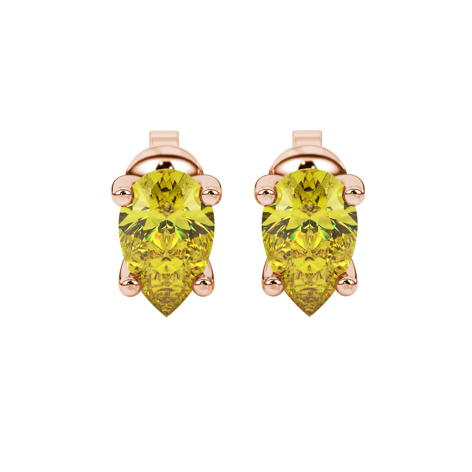 Pear shape canary yellow gemstone earrings, rose gold four-prong setting.