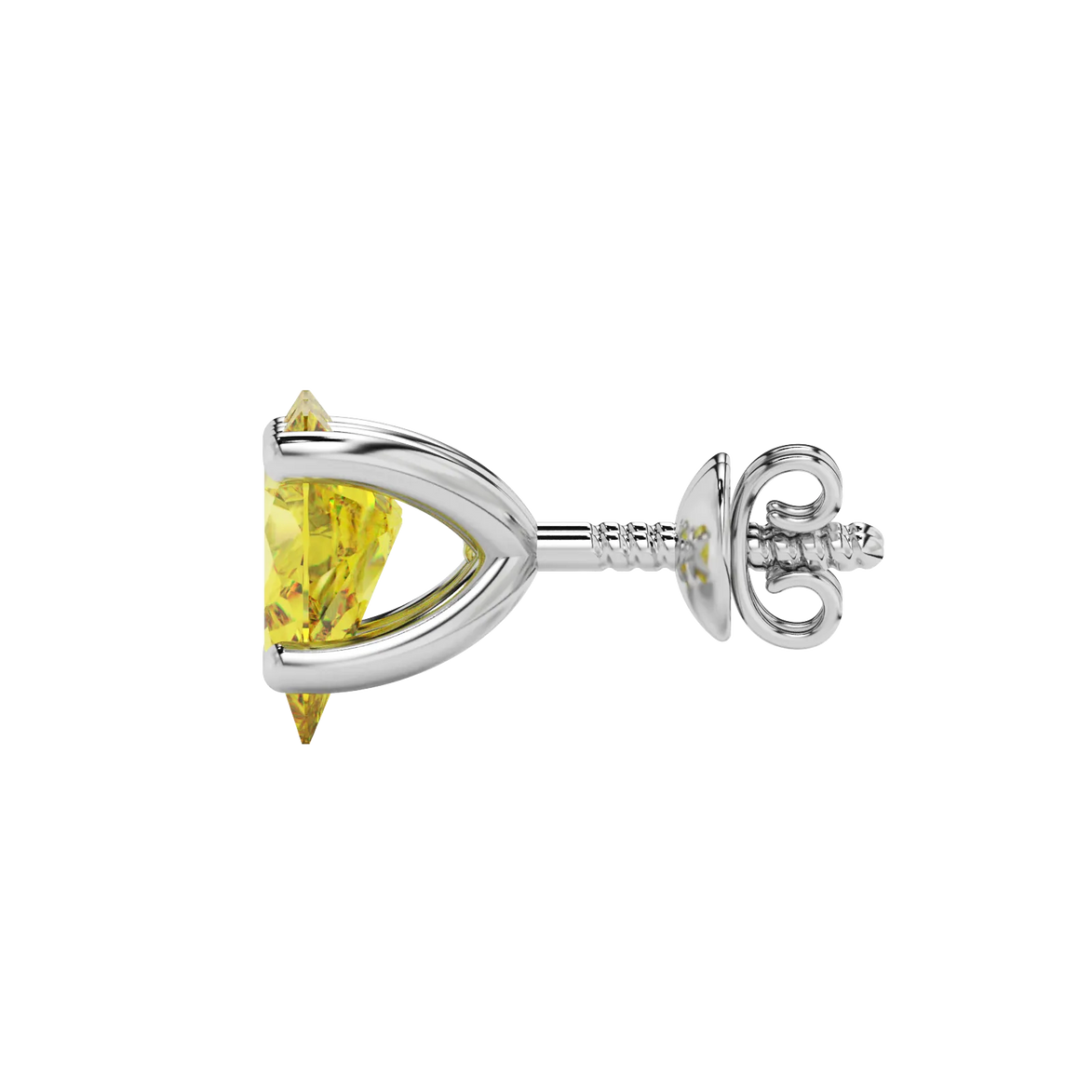 Side profile, white gold canary yellow earrings, four-prong gallery.