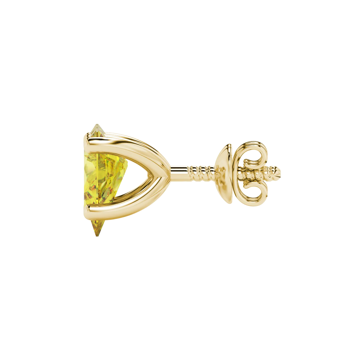 Side profile, yellow gold canary yellow earrings, four-prong gallery.