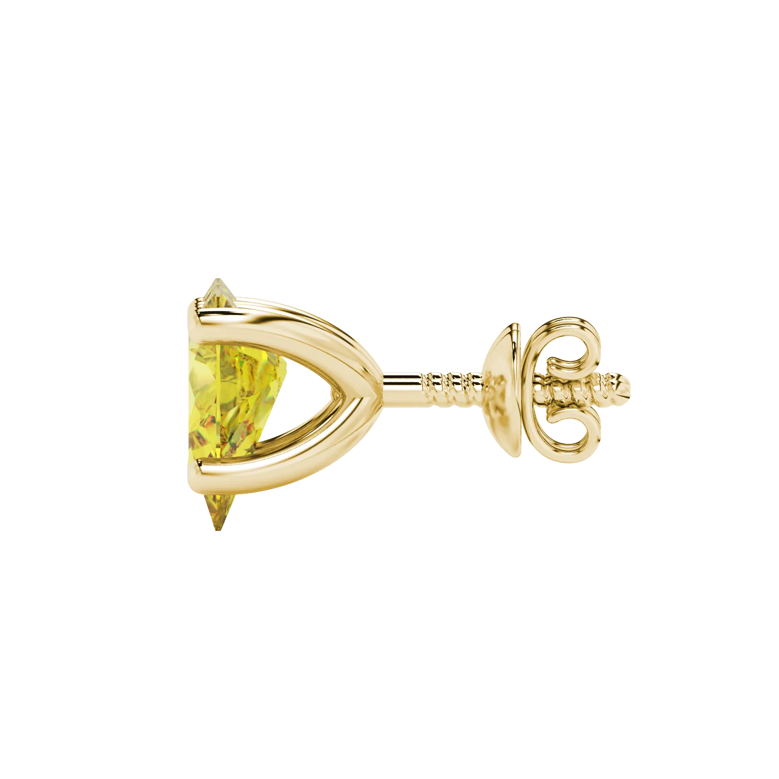 Side profile, yellow gold canary yellow earrings, four-prong gallery.