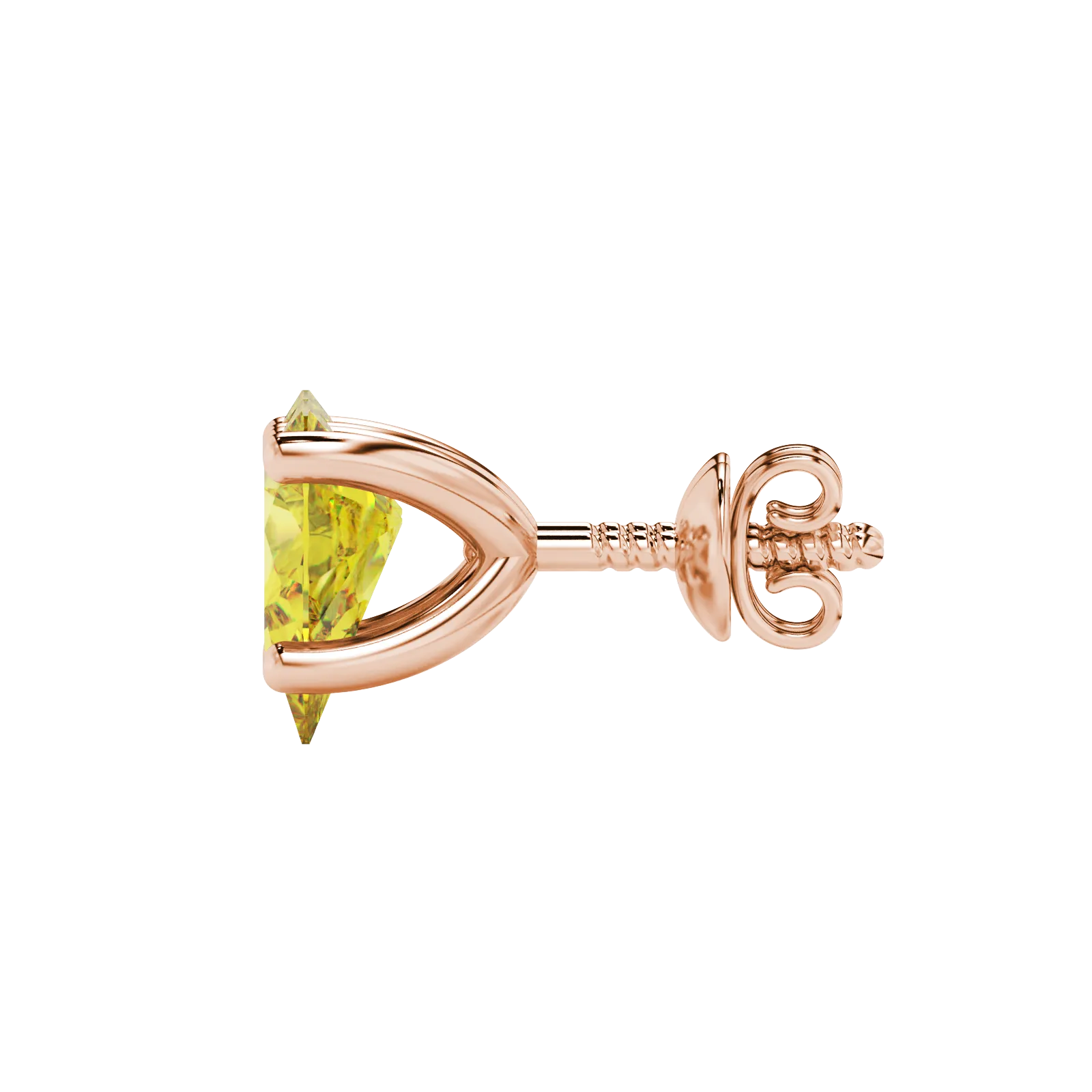 Side profile, rose gold canary yellow earrings, four-prong gallery.